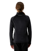A girl wearing a Spyder Jr Girls’ Shimmer Bug 1/2 Zip Sweater featuring high-stretch velour fleece knit, YKK® reverse coil center front zipper, T-neck collar, and jeweled crystal logo.