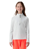 A girl wearing a Spyder Jr Girls’ Shimmer Bug 1/2 Zip Sweater featuring high-stretch velour fleece knit, YKK® reverse coil center front zipper, T-neck collar, and jeweled crystal logo.