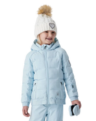 A girl wearing a Spyder Girls’ Zadie Synthetic Down Jacket featuring EXO SHIELD 10K stretch shell, high-loft synthetic down insulation, fixed helmet-compatible hood, and YKK® Vislon zippers.