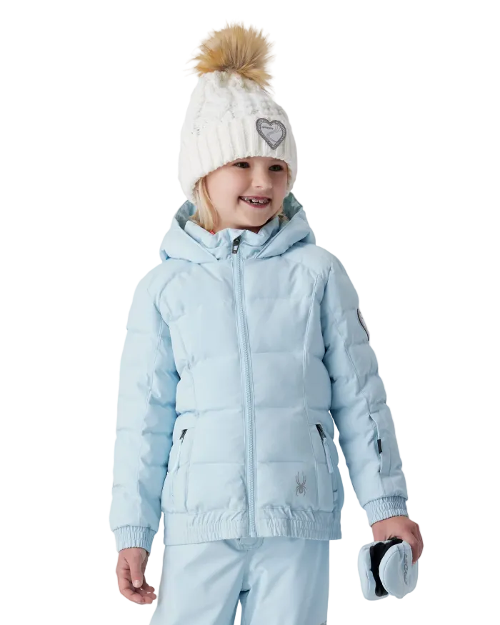A girl wearing a Spyder Girls’ Zadie Synthetic Down Jacket featuring EXO SHIELD 10K stretch shell, high-loft synthetic down insulation, fixed helmet-compatible hood, and YKK® Vislon zippers.