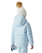 A girl wearing a Spyder Girls’ Zadie Synthetic Down Jacket featuring EXO SHIELD 10K stretch shell, high-loft synthetic down insulation, fixed helmet-compatible hood, and YKK® Vislon zippers.