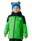 A child wearing a Spyder Little Boys’ Challenger Jacket featuring EXO SHIELD 10K stretch recycled polyester shell, synthetic down insulation, critically taped seams, fixed helmet-compatible hood, and inner stretch thumbhole cuff gaiters.