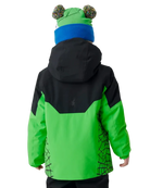 A child wearing a Spyder Little Boys’ Challenger Jacket featuring EXO SHIELD 10K stretch recycled polyester shell, synthetic down insulation, critically taped seams, fixed helmet-compatible hood, and inner stretch thumbhole cuff gaiters.