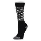 A pair of black and grey Spyder Junior Sweep Ski Socks that are breathable, stretchable, moisture-wicking, and warm.