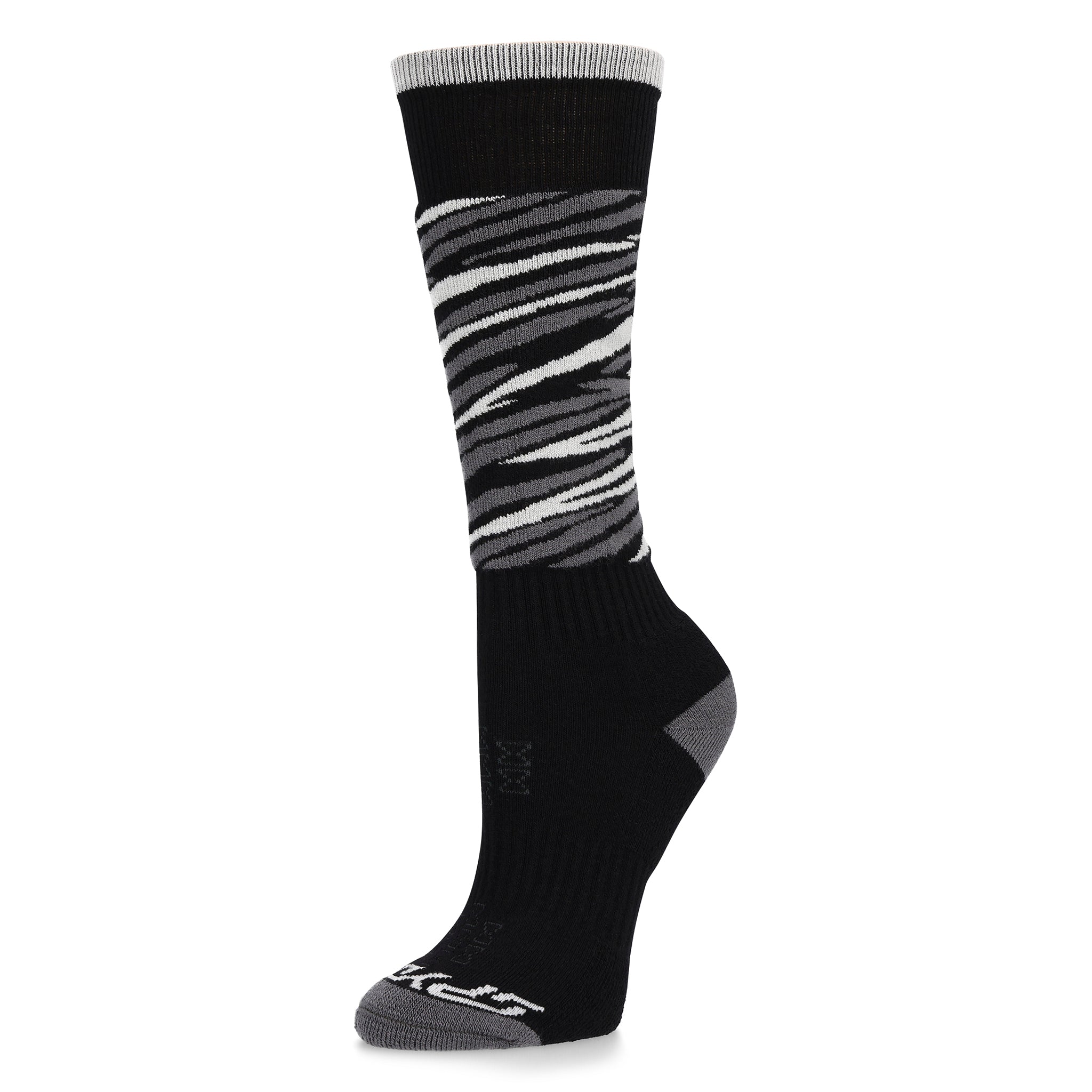 A pair of black and grey Spyder Junior Sweep Ski Socks that are breathable, stretchable, moisture-wicking, and warm.