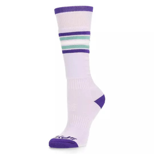 A pair of pink and purple Spyder Junior Sweep Ski Socks that are breathable, stretchable, moisture-wicking, and warm.