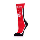 A pair of red and black Spyder Junior Sweep Ski Socks that are breathable, stretchable, moisture-wicking, and warm.