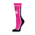 A pair of pink and black Spyder Junior Sweep Ski Socks that are breathable, stretchable, moisture-wicking, and warm.