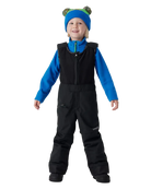 A child wearing a Spyder Toddler Expedition Pants featuring EXO SHIELD stretch waterproof-breathable shell, taped seams, adjustable shoulder straps, and attached stretch fleece vest.