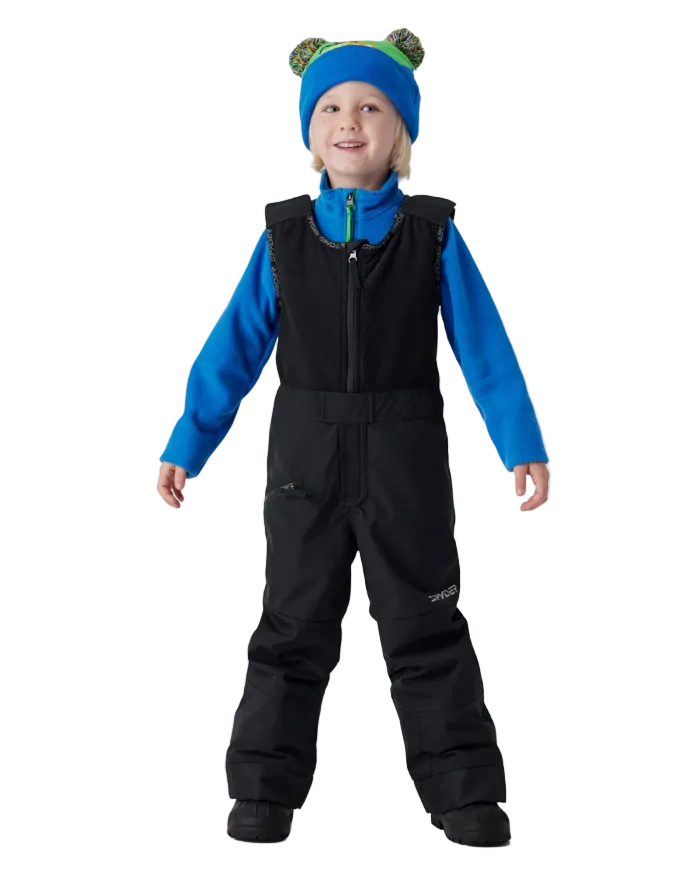 A child wearing a Spyder Toddler Expedition Pants featuring EXO SHIELD stretch waterproof-breathable shell, taped seams, adjustable shoulder straps, and attached stretch fleece vest.