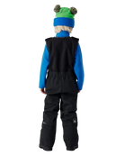 A child wearing a Spyder Toddler Expedition Pants featuring EXO SHIELD stretch waterproof-breathable shell, taped seams, adjustable shoulder straps, and attached stretch fleece vest.