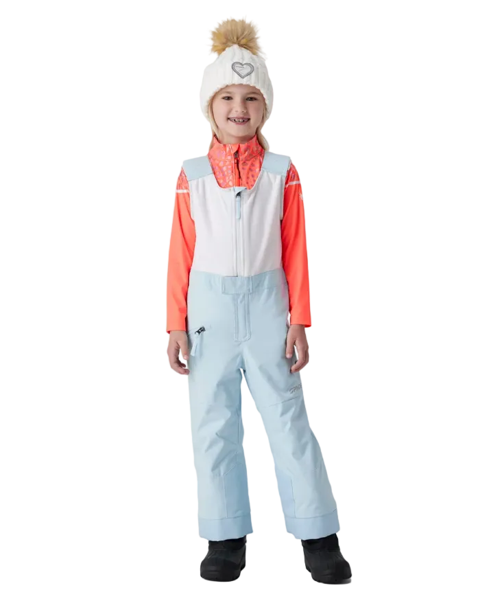 A child wearing a Spyder Toddler Expedition Pants featuring EXO SHIELD stretch waterproof-breathable shell, taped seams, adjustable shoulder straps, and attached stretch fleece vest.