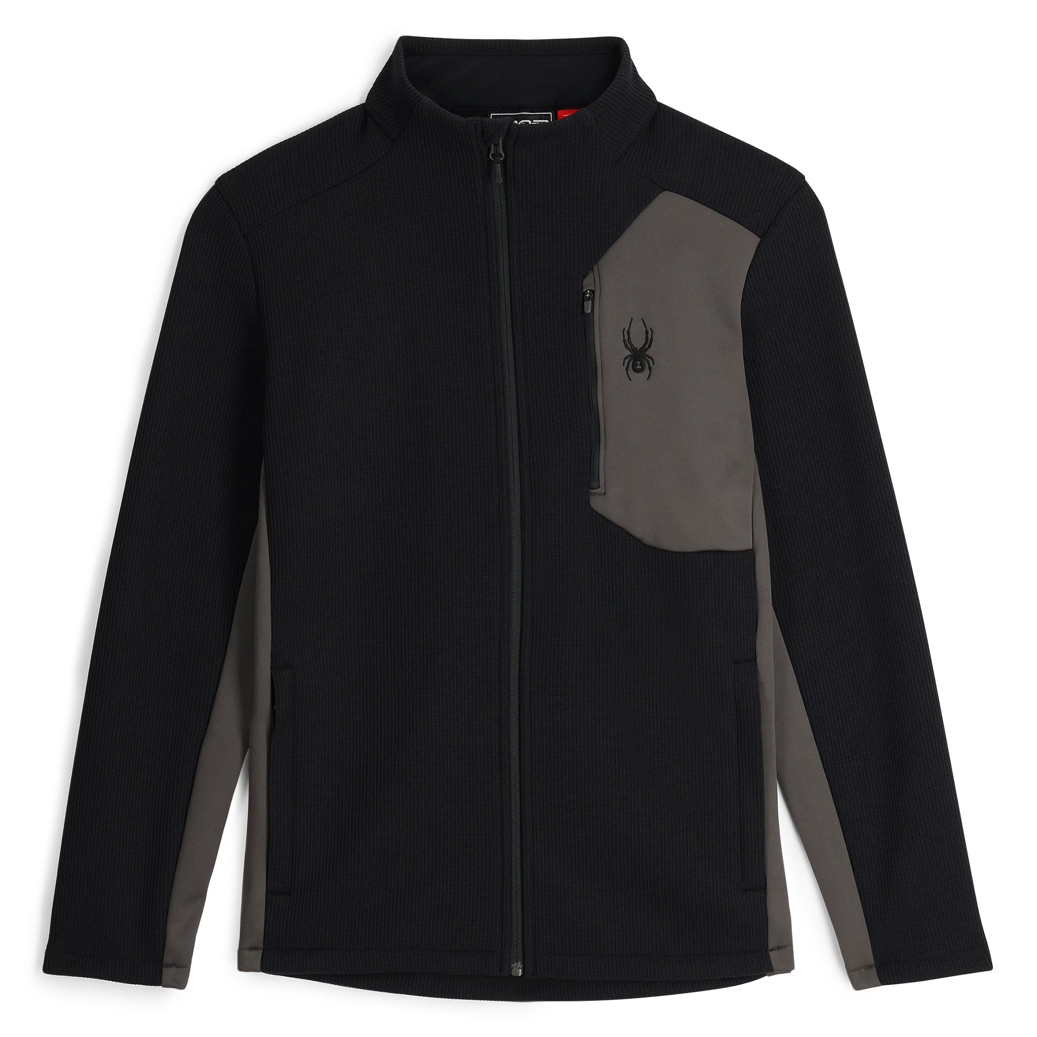 A black and gray SPYDER Men's Bandit Full Zip Jacket with a front chest pocket, zippered front, and a brushed microfiber inner collar.