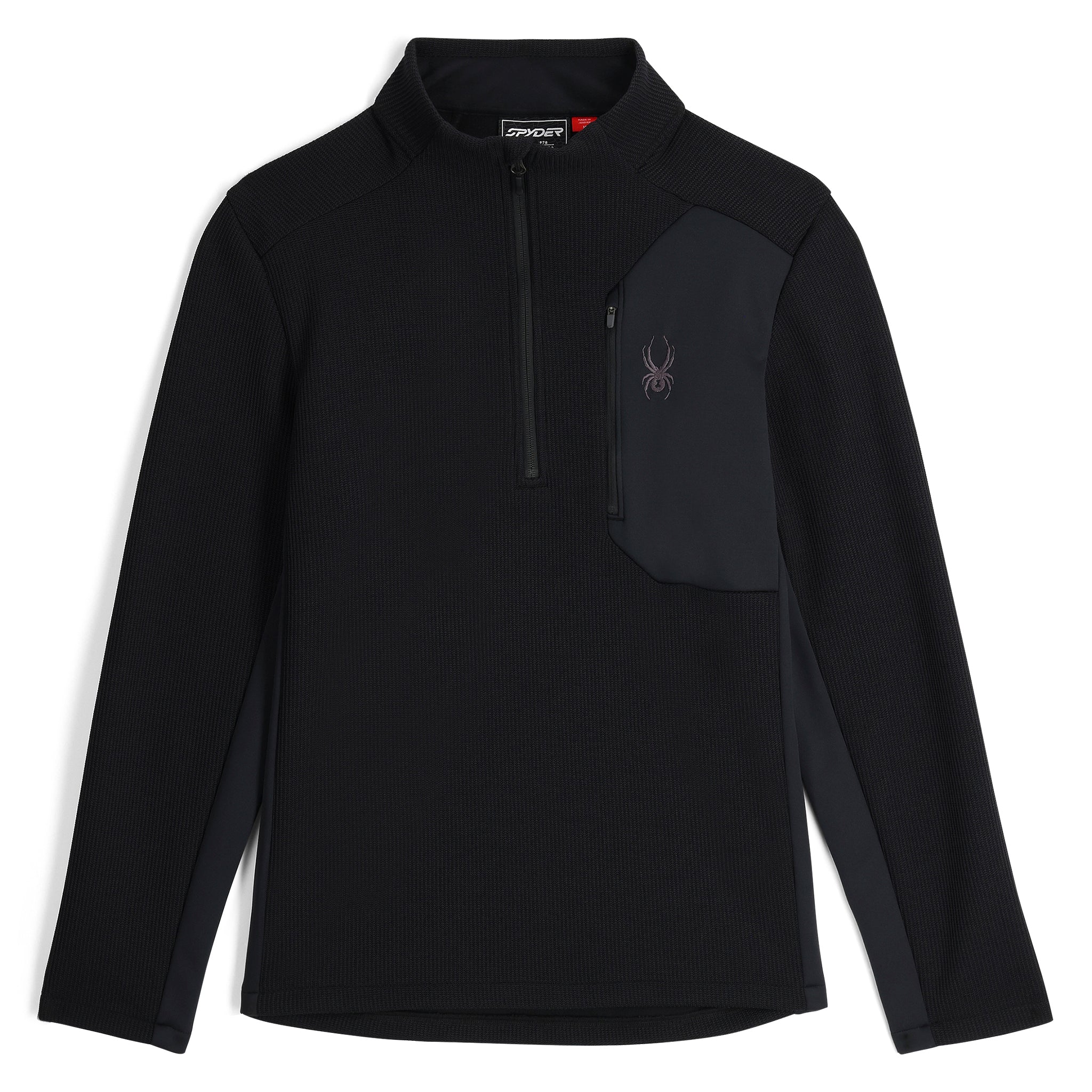 A black Spyder Bandit 1/2 Zip Sweater that is moisture-wicking, stretchable, and breathable.