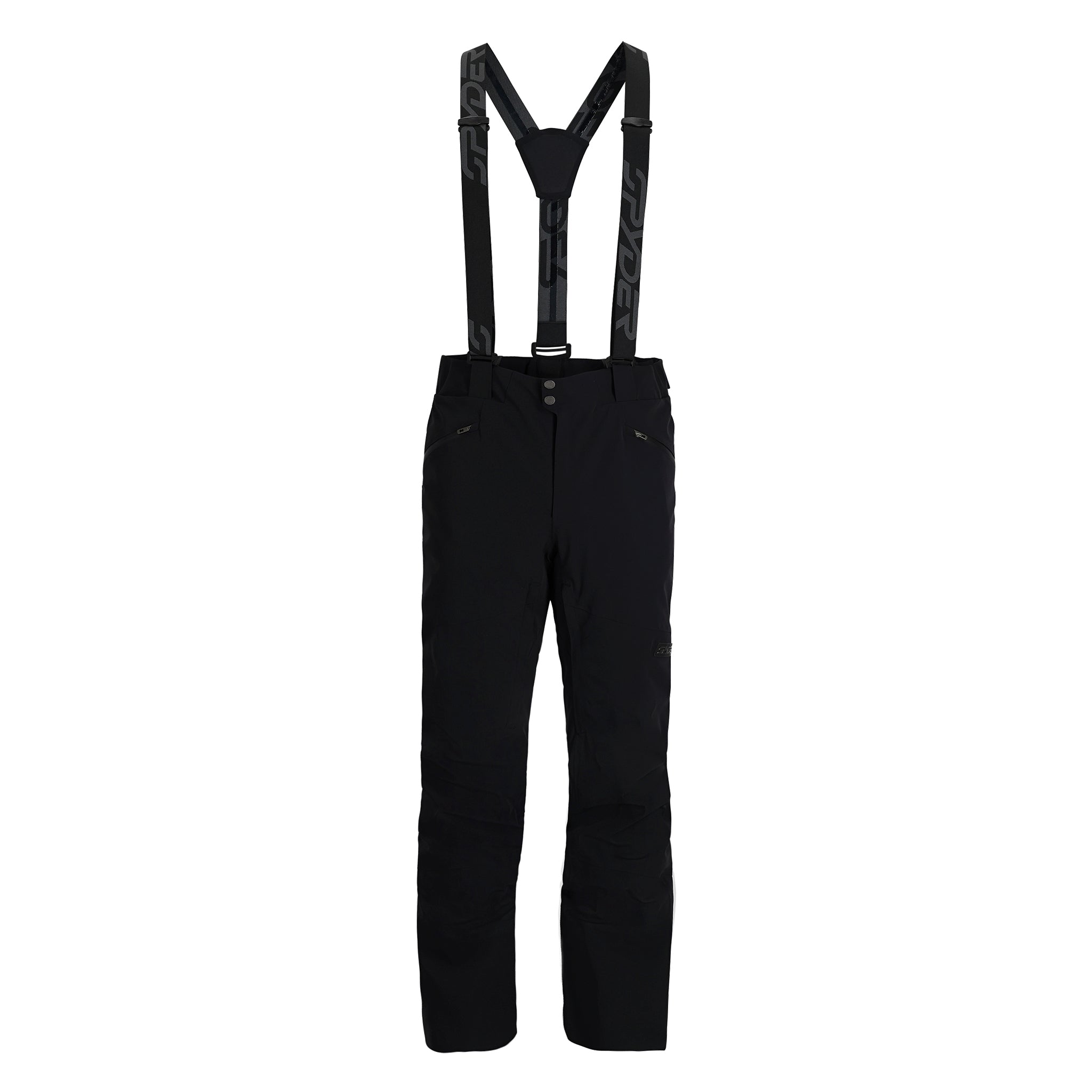 A pair of black Spyder Bormio Ski Pants, which are waterproof, breathable, stretchable, and warm.