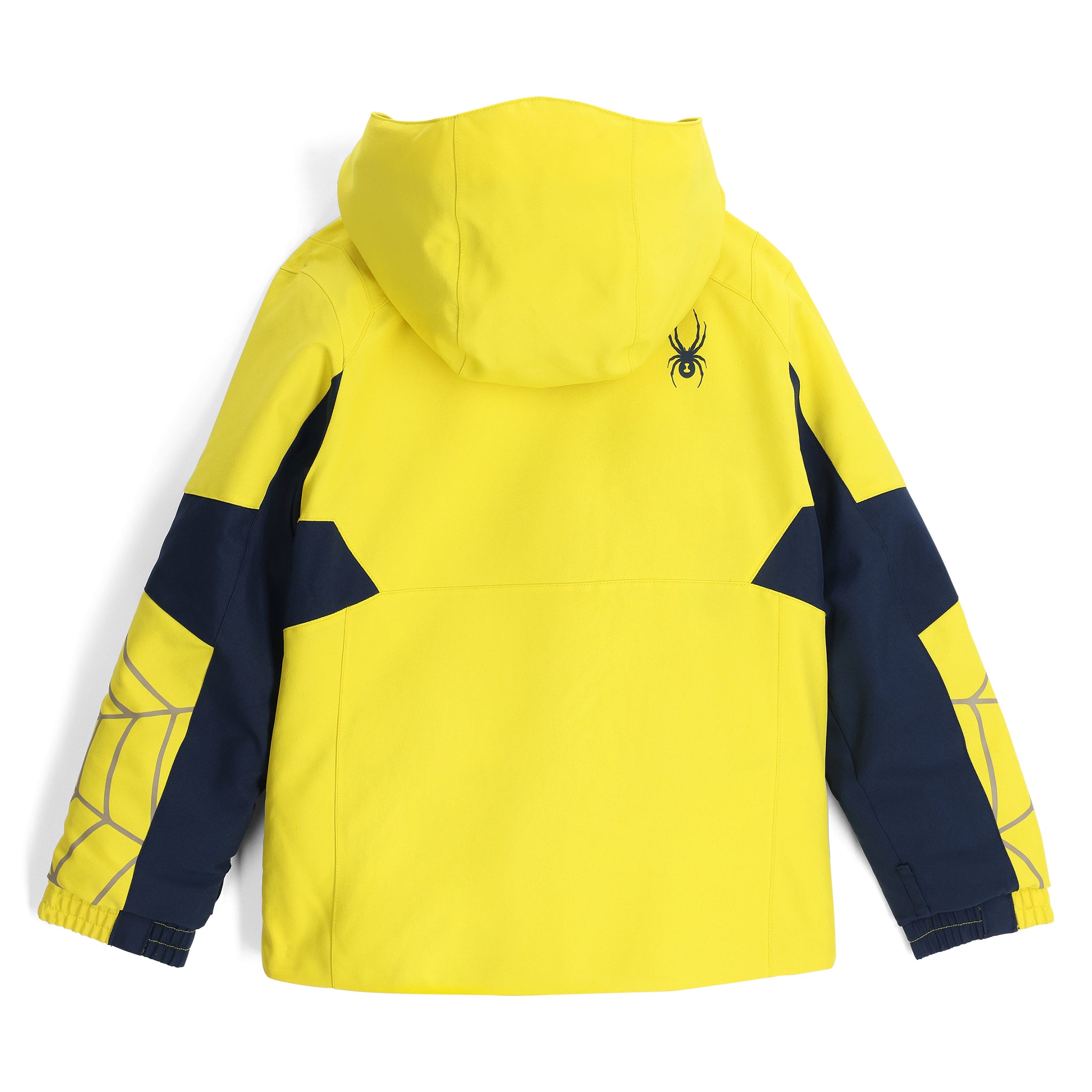A yellow and navy blue Spyder Mini Boys' Challenger Ski Jacket that is waterproof, breathable, stretchable, and insulated.