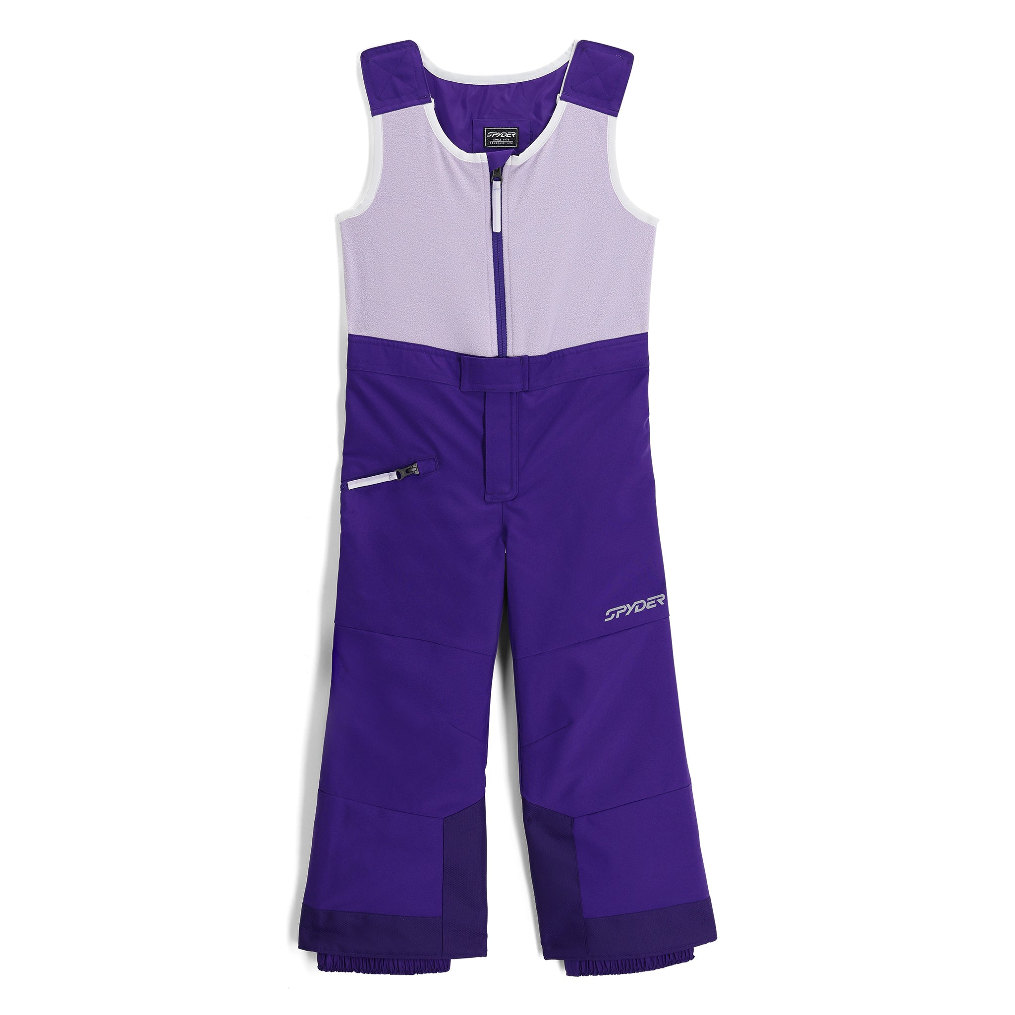 A pair of purple Spyder Mini Girls' Expedition Bib Ski Pants that are waterproof, breathable, stretchable, and insulated.