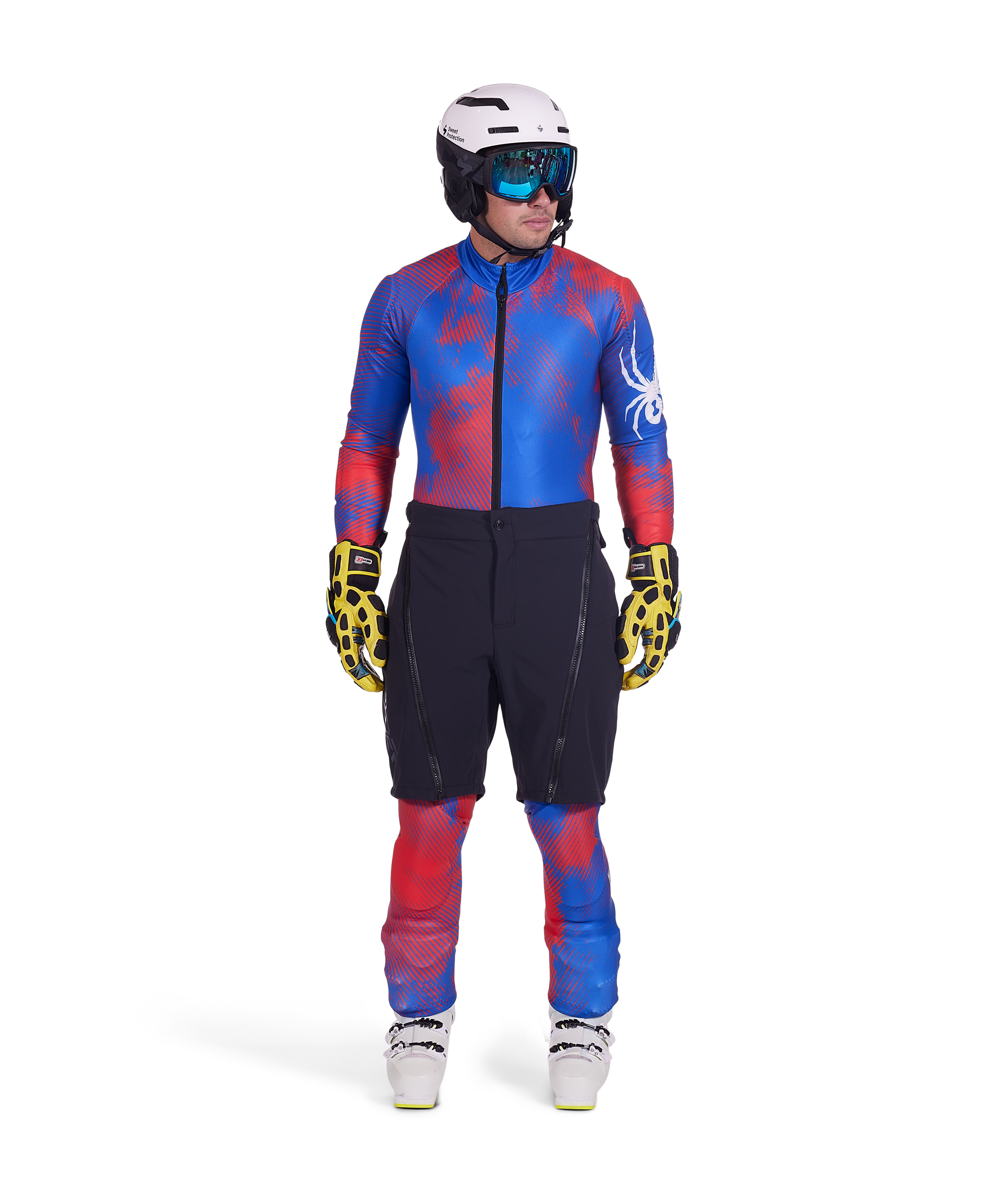 Spyder Softshell Training Ski Shorts featuring insulated softshell fabric, full-length side zippers, adjustable waistband, and race-ready alpine training performance.