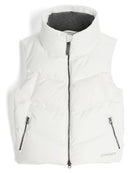 A white Spyder Women's Eastwood Down Vest that is waterproof, breathable, stretchable, and insulated with down.