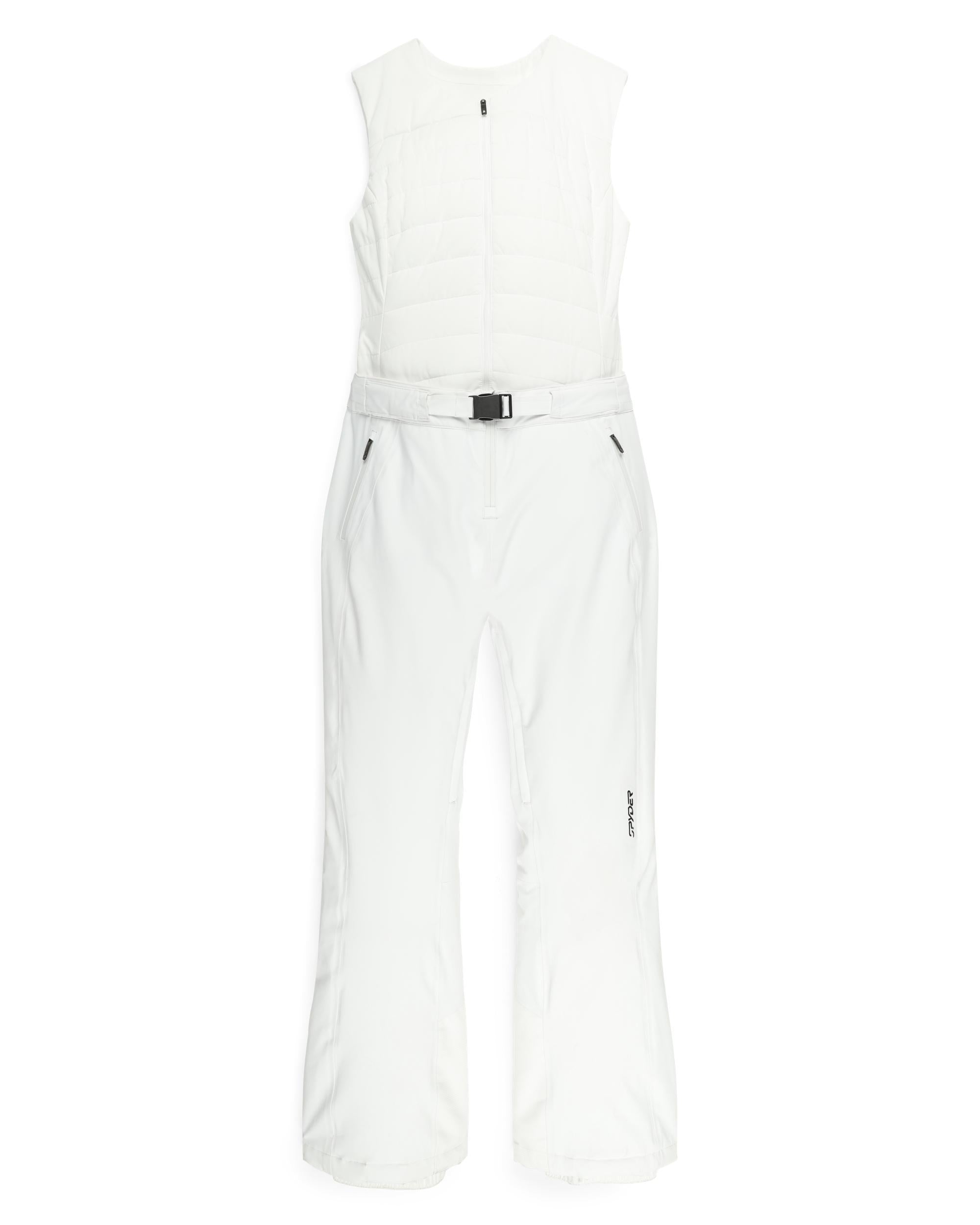 A pair of white Spyder Women's On Piste Ski Bib Pants which are waterproof, breathable, stretchable, and insulated.