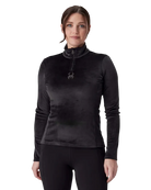 A woman wearing a Spyder Women’s Shimmer Bug 1/2 Zip Sweater featuring stretch velour fleece knit, YKK® reverse coil center front zipper, T-neck collar, and jeweled crystal logo.