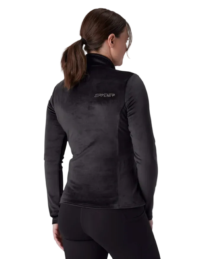 A woman wearing a Spyder Women’s Shimmer Bug 1/2 Zip Sweater featuring stretch velour fleece knit, YKK® reverse coil center front zipper, T-neck collar, and jeweled crystal logo.