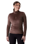A woman wearing a Spyder Women’s Shimmer Bug 1/2 Zip Sweater featuring stretch velour fleece knit, YKK® reverse coil center front zipper, T-neck collar, and jeweled crystal logo.