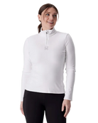 A woman wearing a Spyder Women’s Shimmer Bug 1/2 Zip Sweater featuring stretch velour fleece knit, YKK® reverse coil center front zipper, T-neck collar, and jeweled crystal logo.
