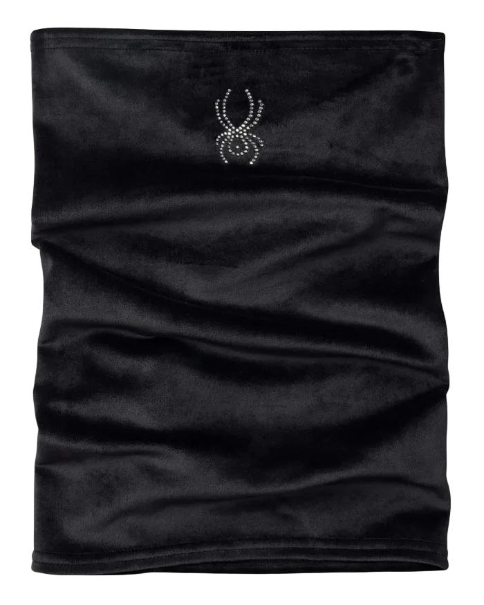 A Spyder Women’s Shimmer Neck Tube featuring 4-way stretch technical knit, seamless anti-chafe construction, shimmer yarn accents, and jeweled crystal logo.