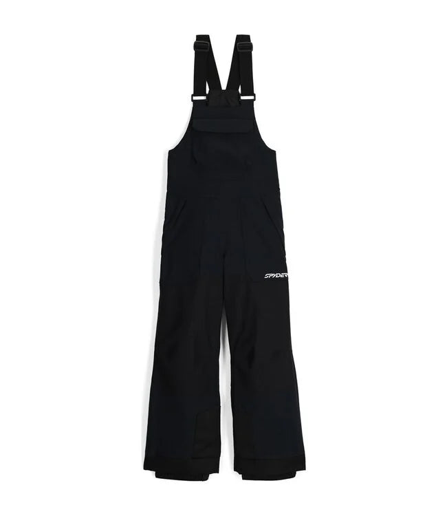 A pair of black Spyder Youth Scout Bib Ski Pants with adjustable suspenders, multiple pockets, and reinforced cuffs.