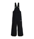 A pair of black Spyder Youth Scout Bib Ski Pants with adjustable suspenders, multiple pockets, and reinforced cuffs.