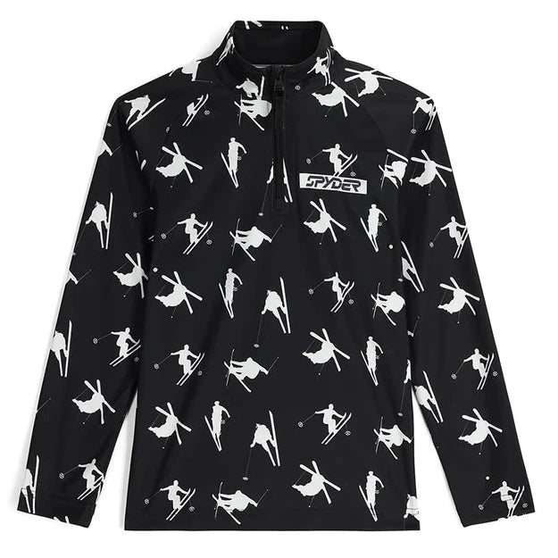 A black and white Spyder Boys' Ski Day Turtleneck Midlayer Sweater that is breathable, stretchable, and moisture-wicking.