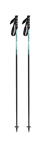 A pair of black and teal Stockli Carbon Motion Ski Poles that feature lightweight carbon-fiber shafts, all-mountain baskets, and a color scheme that matches the Montero AX skis.