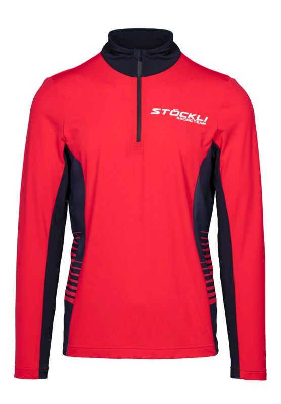 A red and black Stockli Functional Shirt WRT that is stretchable, breathable, and moisture-wicking.