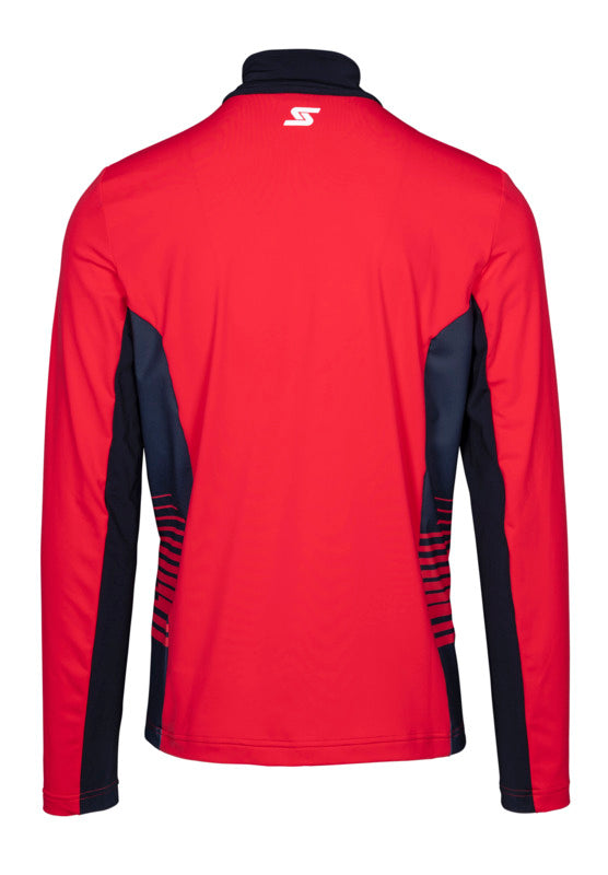 A red and black Stockli Functional Shirt WRT that is stretchable, breathable, and moisture-wicking.