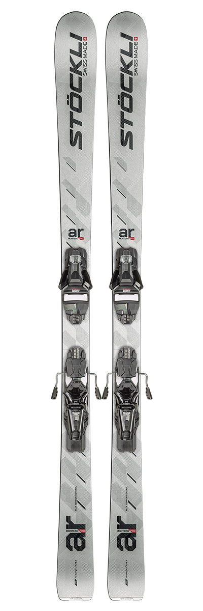 Stöckli Montero AR Pro Skis with Strive 13 bindings, designed for powerful carving, stability, and versatile all-mountain performance.