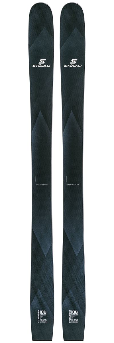 Stöckli Stormrider 108 Skis 2027 featuring a 108 mm waist, Big Powder Rocker, Freeride Tail, and Titanal construction for deep-snow freeride skiing.