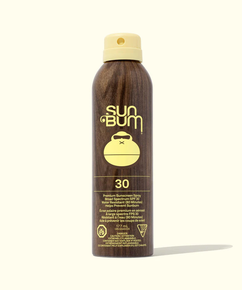 Sun Bum Original SPF 30 sunscreen spray bottle on a white background