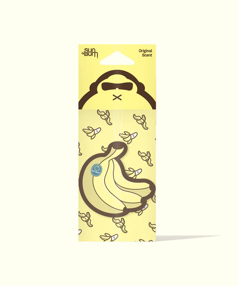 A yellow Sun Bum Banana Air Freshener in the shape of a banana