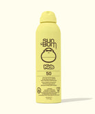 Yellow Sun Bum Kids SPF 50 Clear Sunscreen spray bottle on a white background