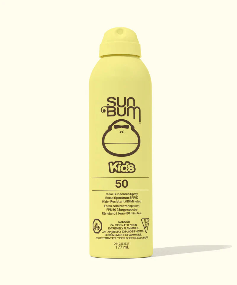 Yellow Sun Bum Kids SPF 50 Clear Sunscreen spray bottle on a white background