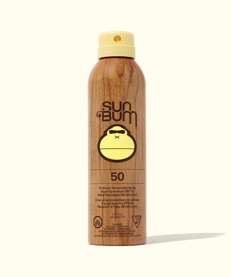 Sun Bum Original SPF 50 sunscreen spray bottle on a white background