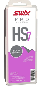Swix HS7 Violet -2°C/-8°C Ski Wax - 180g showing solid rectangular violet hydrocarbon wax block, debossed logo and temperature specifications, large-format protective case, and 150°C iron temperature recommendation.