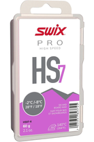 Swix HS7 Violet -2°C/-8°C Ski Wax - 60g showing solid rectangular violet hydrocarbon wax block, debossed logo and temperature specifications, protective case, and 150°C iron temperature recommendation.