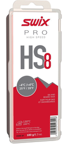 Swix HS8 Red -4°C/+4°C Ski Wax - 180g showing solid rectangular red hydrocarbon wax block, debossed logo and temperature range specifications, large-format protective packaging box, and 130°C iron temperature recommendation.