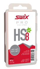 Swix HS8 Red -4°C/+4°C Ski Wax - 60g showing solid rectangular red hydrocarbon wax block, debossed logo and temperature range markings, protective case, and 130°C iron temperature recommendation.