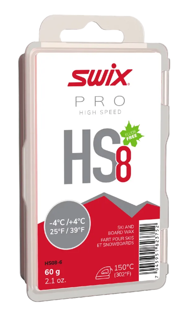 Swix HS8 Red -4°C/+4°C Ski Wax - 60g showing solid rectangular red hydrocarbon wax block, debossed logo and temperature range markings, protective case, and 130°C iron temperature recommendation.