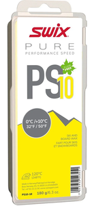 Swix PS10 Yellow 0°C/+10°C Ski Wax - 180g showing solid rectangular yellow hydrocarbon wax block, debossed logo and temperature specifications, large-format protective packaging box, and 120°C iron temperature recommendation.
