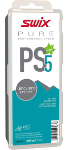 Swix PS5 Turquoise -10°C/-18°C Ski Wax - 180g showing solid rectangular turquoise hydrocarbon wax block, debossed logo and temperature range specifications, large-format protective packaging box, and 150°C iron temperature recommendation.