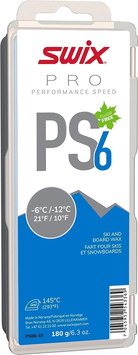 Swix PS6 Blue -6°C/-12°C Ski Wax – 180g showing solid rectangular blue hydrocarbon wax block, debossed logo and temperature specifications, large-format protective packaging box, and 145°C iron temperature recommendation.